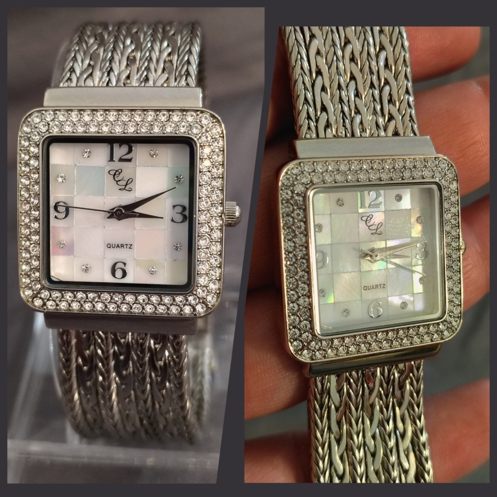 Pretty Square Watch with Mother of Pearl Checkered Dial & Braided Metal Band